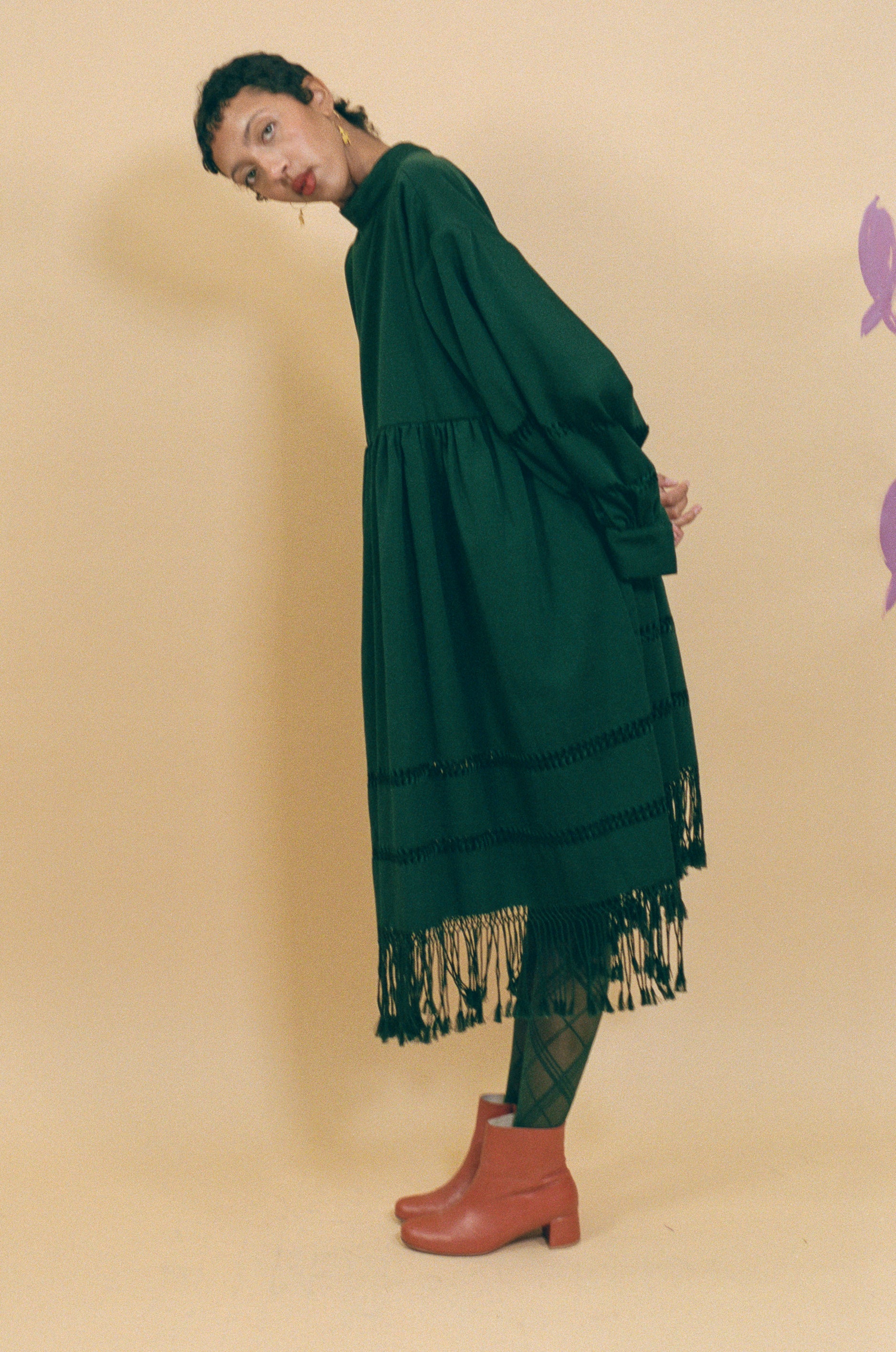 dark green cotton fringed tassel tunic dress