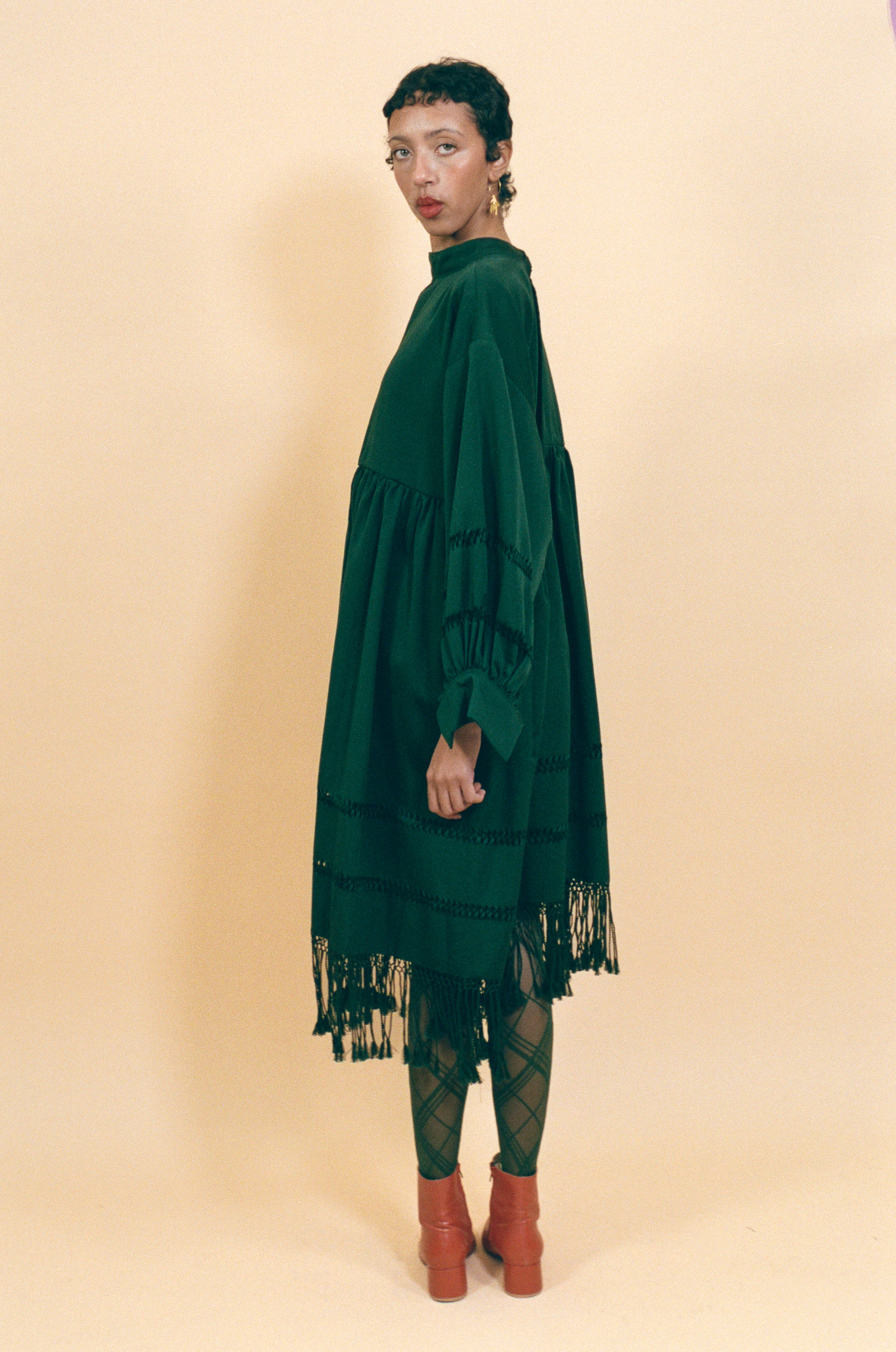 dark green cotton fringed tassel tunic dress