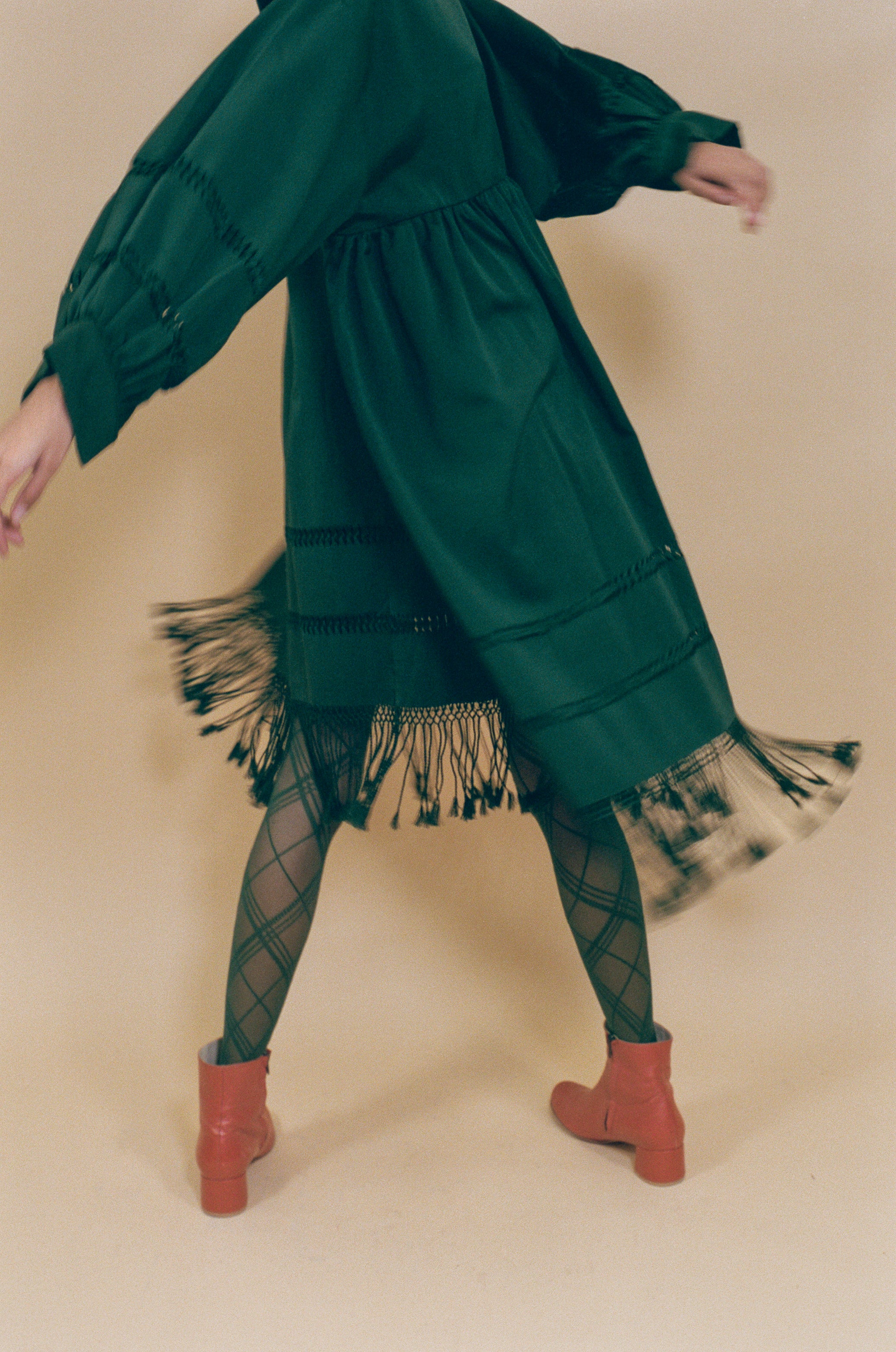 dark green cotton fringed tassel tunic dress
