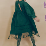 dark green cotton fringed tassel tunic dress