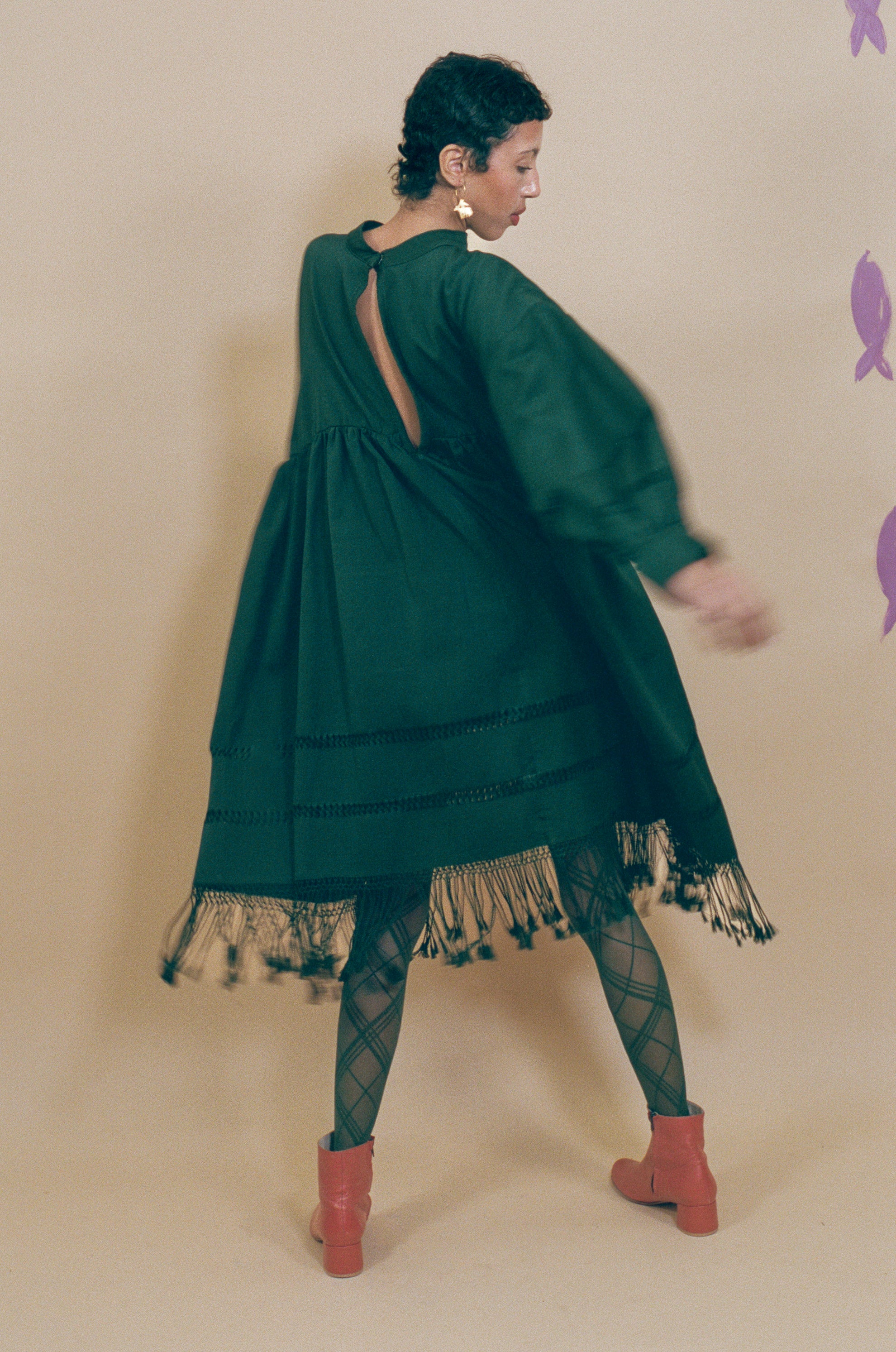 dark green cotton fringed tassel tunic dress