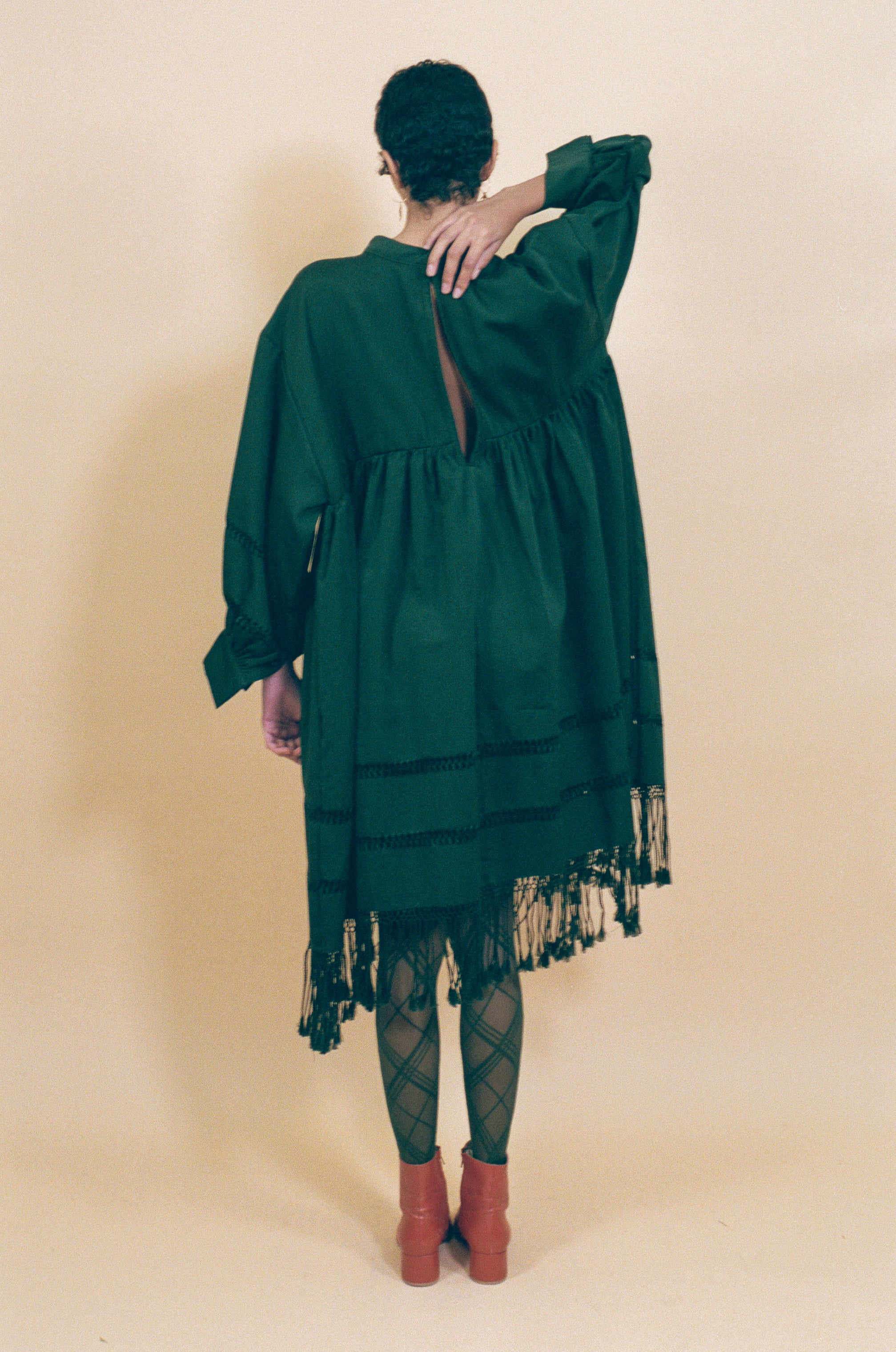 dark green cotton fringed tassel tunic dress