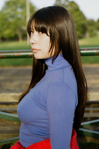 violet blue cotton form fitted turleneck long sleeve