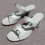 white calf leather buckle open toe sandal