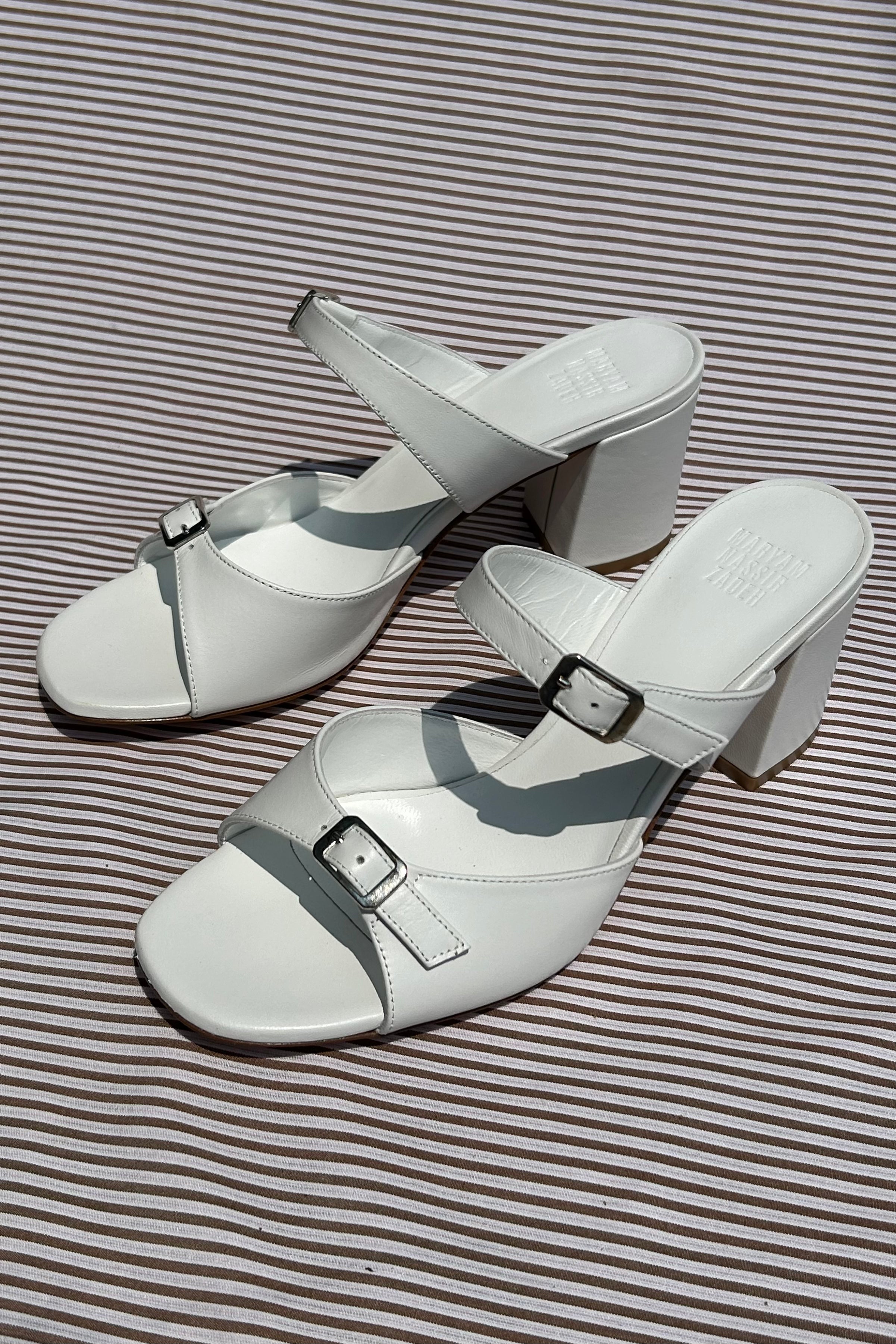 white calf leather buckle open toe sandal