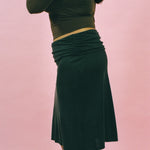 black cupro polyester low rise fitted flare skirt