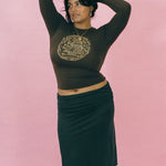 black cupro polyester low rise fitted flare skirt