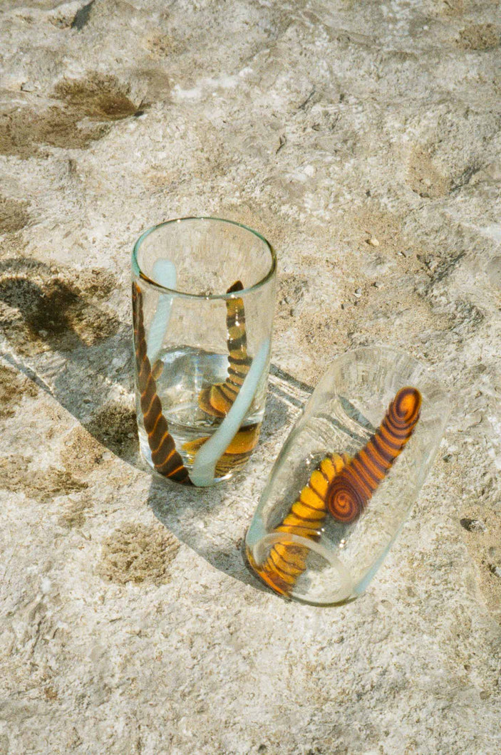 brown caterpillar blue stroke hand blown tumbler glass