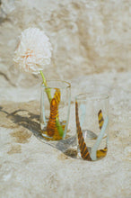 Load image into Gallery viewer, brown caterpillar blue stroke hand blown tumbler glass