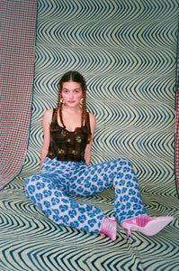 GOLGOLI PANTS IN DUSTY PINK AND BLUE FLORAL JACQUARD