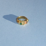 textured brass band ring with coloured glass stones