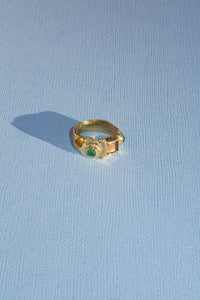 SUEDE RING WITH LAVENDER, GREEN, AND YELLOW GLASS