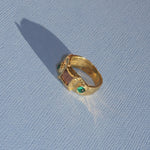 textured brass band ring with coloured glass stones