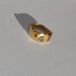 textured brass band ring with coloured glass stones