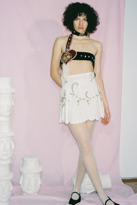 white antique linen flared mini skirt with embroidery