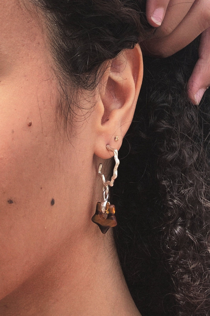SILVER JUICY HOOPS WITH TIGERS EYE STARS