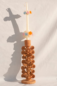OAXACAN RED CLAY CANDLESTICK HOLDER WITH FLOWERS