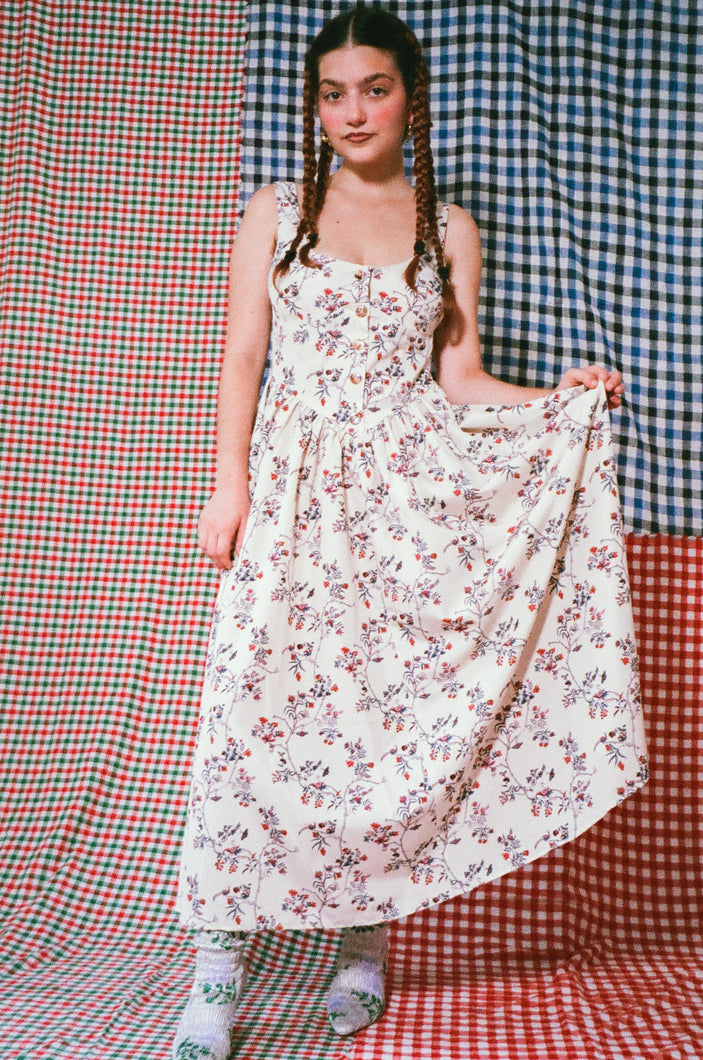 cream printed taffeta dress with princess waist line
