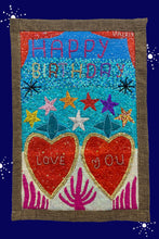 Load image into Gallery viewer, hand beaded happy birthday textile artwork in multi