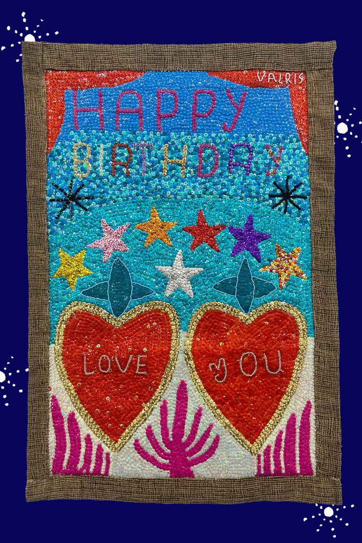 hand beaded happy birthday textile artwork in multi