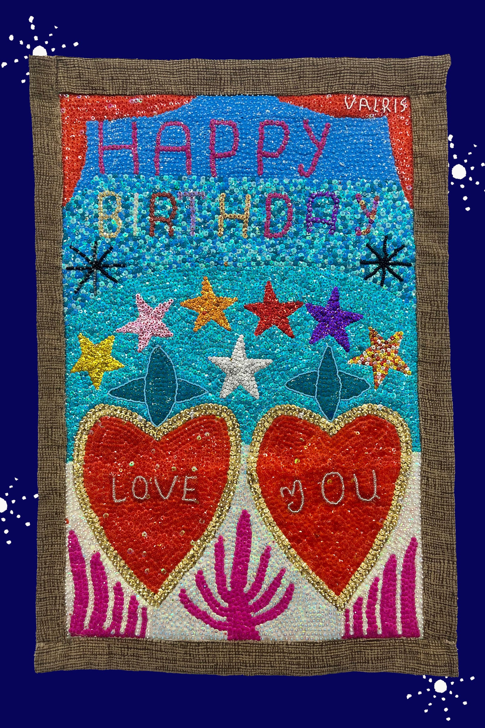 hand beaded happy birthday textile artwork in multi