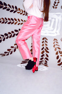 80s style fitted silk pant in hot pink