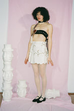 Load image into Gallery viewer, white antique linen flared mini skirt with embroidery