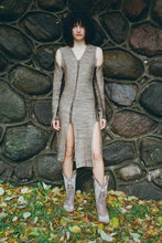 Load image into Gallery viewer, MOON V NECK SILK SHORT DRESS IN GOLD + BLACK MARL