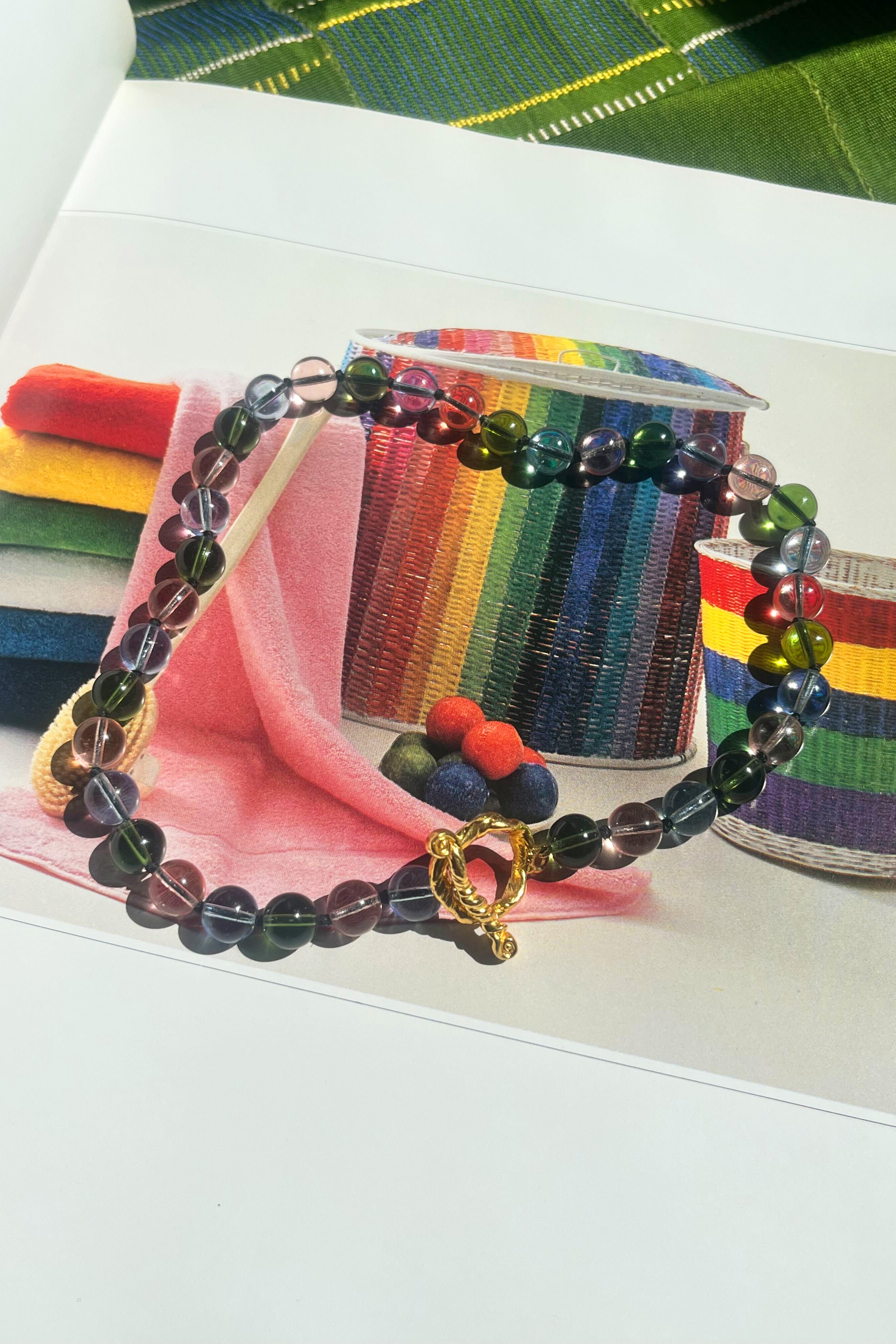 multi coloured glass beaded necklace on silk thread
