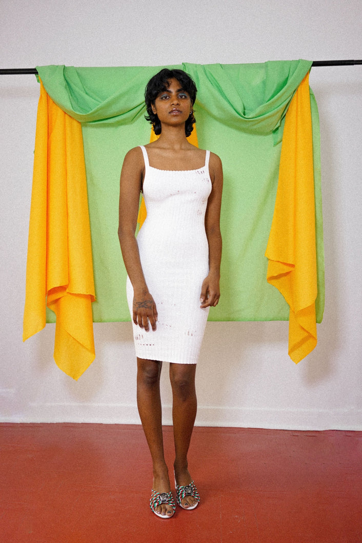 fitted white knit dress with spaghetti straps