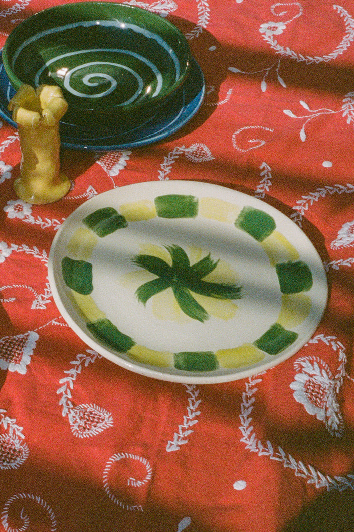 ceramic handmade plate with green and yellow design