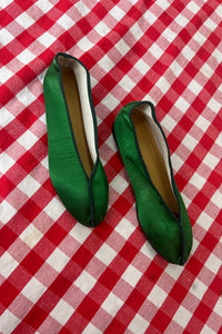 emerald green satin pointed theatre slipper
