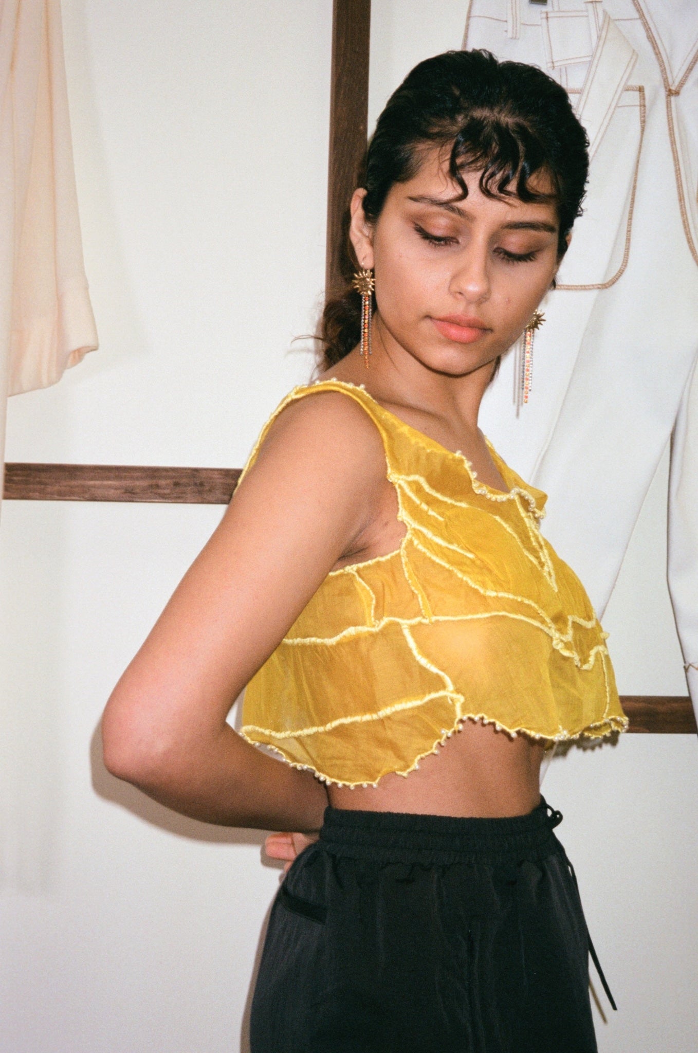 handmade cotton crop top in yellow with pearls