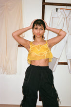 Load image into Gallery viewer, handmade cotton crop top in yellow with pearls