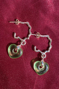 SILVER JUICY HOOPS WITH GREEN HEARTS