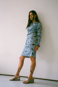 blue lattice hand painted cotton dress with mermaid beads