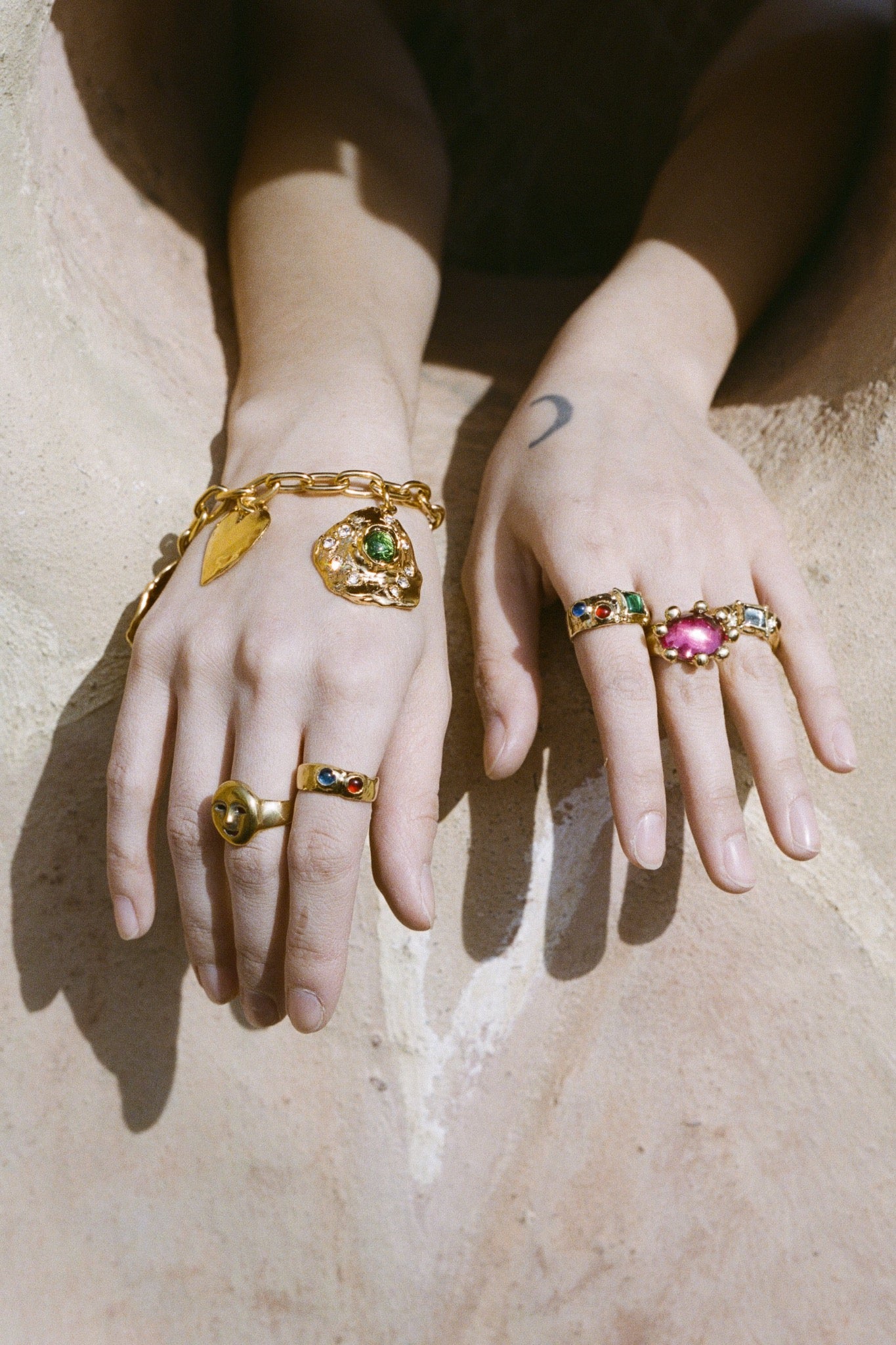 textured brass band ring with glass cabochons