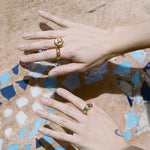 textured brass band ring with glass cabochons