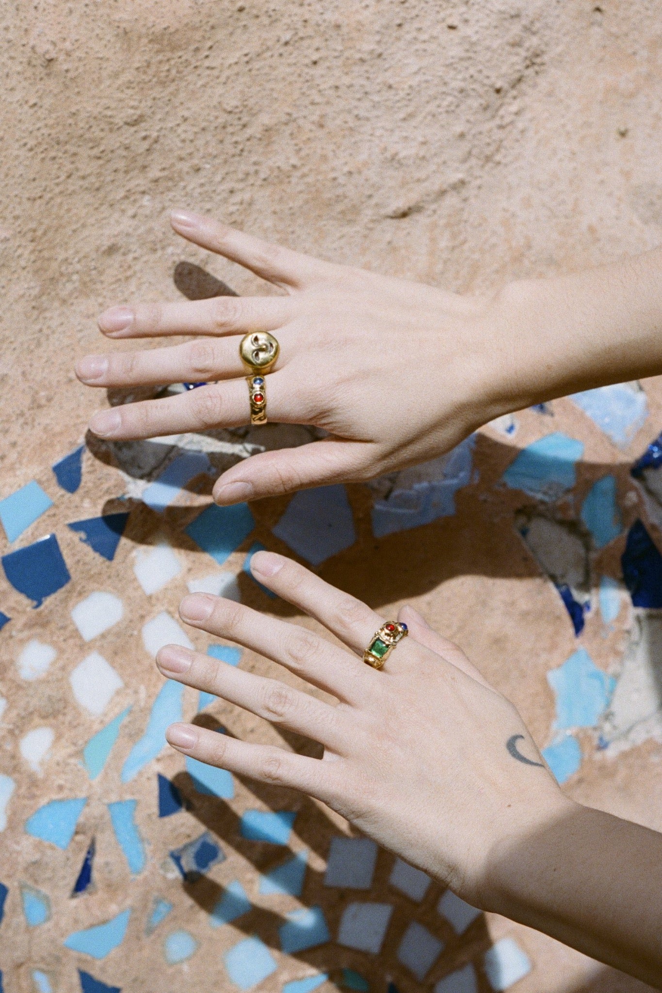 textured brass band ring with glass cabochons