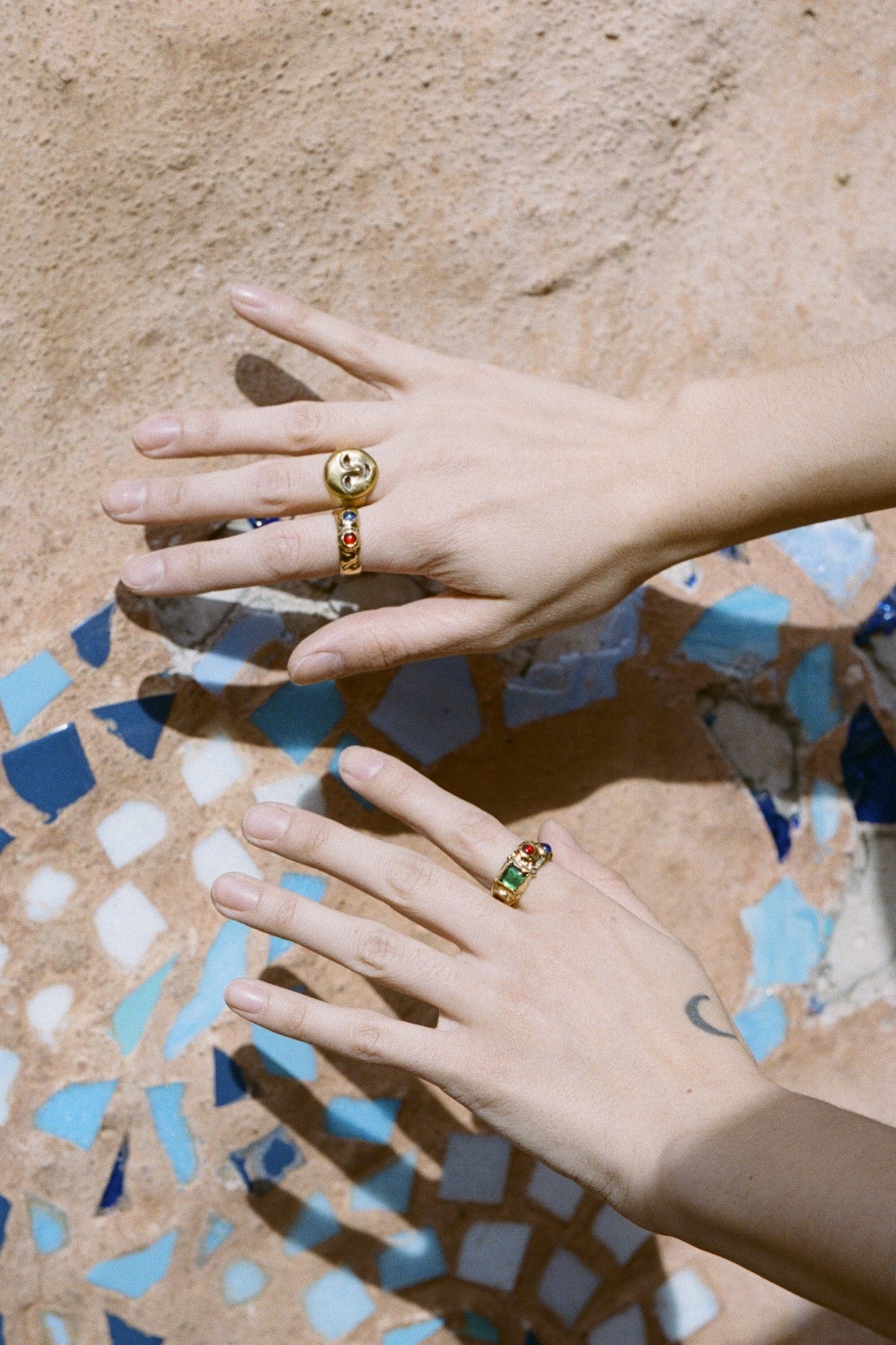 textured brass band ring with glass cabochons