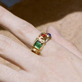 textured brass band ring with glass cabochons
