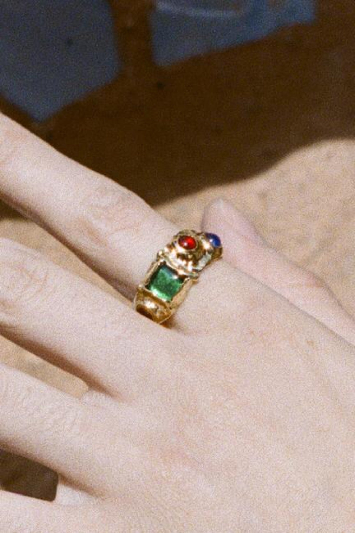 textured brass band ring with glass cabochons