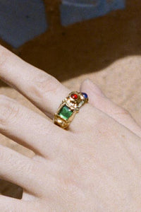 SUEDE RING WITH GREEN, BLUE AND RED GLASS