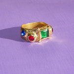 textured brass band ring with glass cabochons