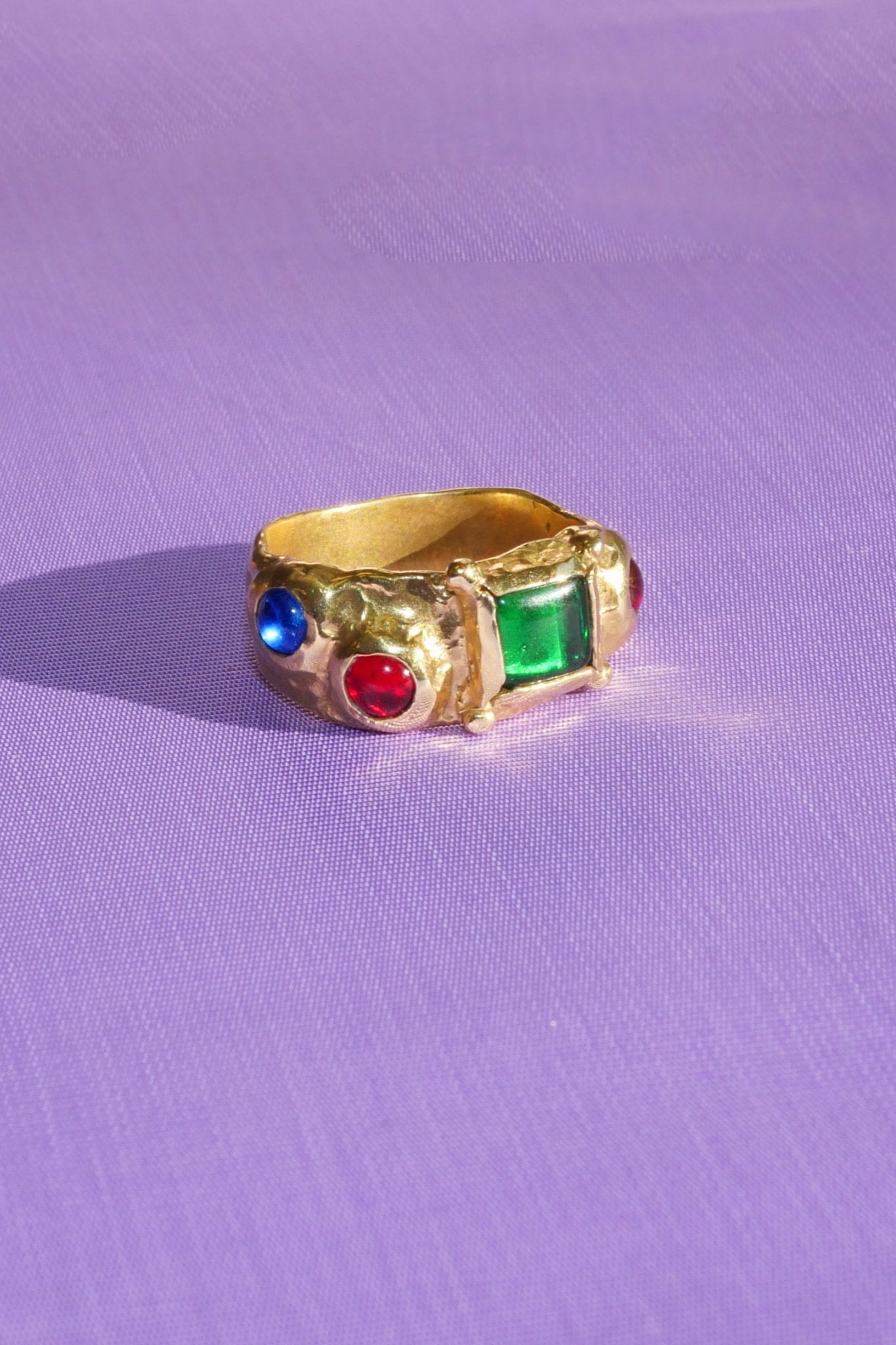 textured brass band ring with glass cabochons