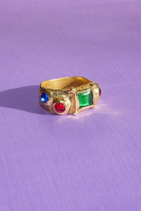 SUEDE RING WITH GREEN, BLUE AND RED GLASS