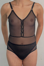 Load image into Gallery viewer, spaghetti strap fitted bodysuit in black mesh