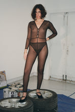 Load image into Gallery viewer, long sleeve catsuit in black mesh with bows