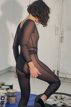 Load image into Gallery viewer, long sleeve catsuit in black mesh with bows