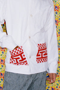 red and white geometric linen jacket